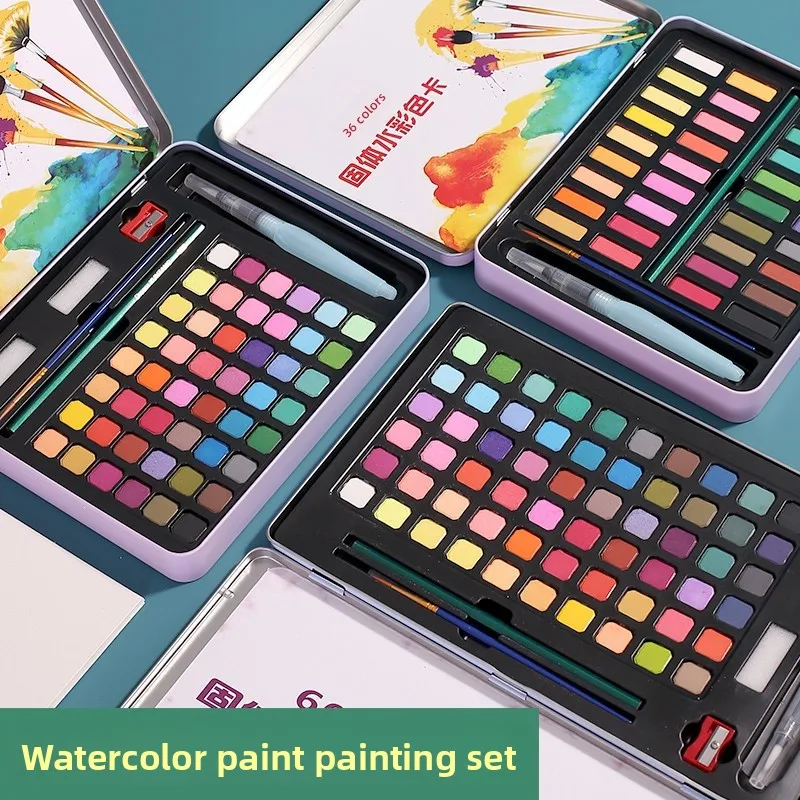 Solid Watercolor Paint Set 36 48 60 72 Colors with Water Brush Palette Sponge Sketch Pencil Watercolor Paper Travel Art Kit for