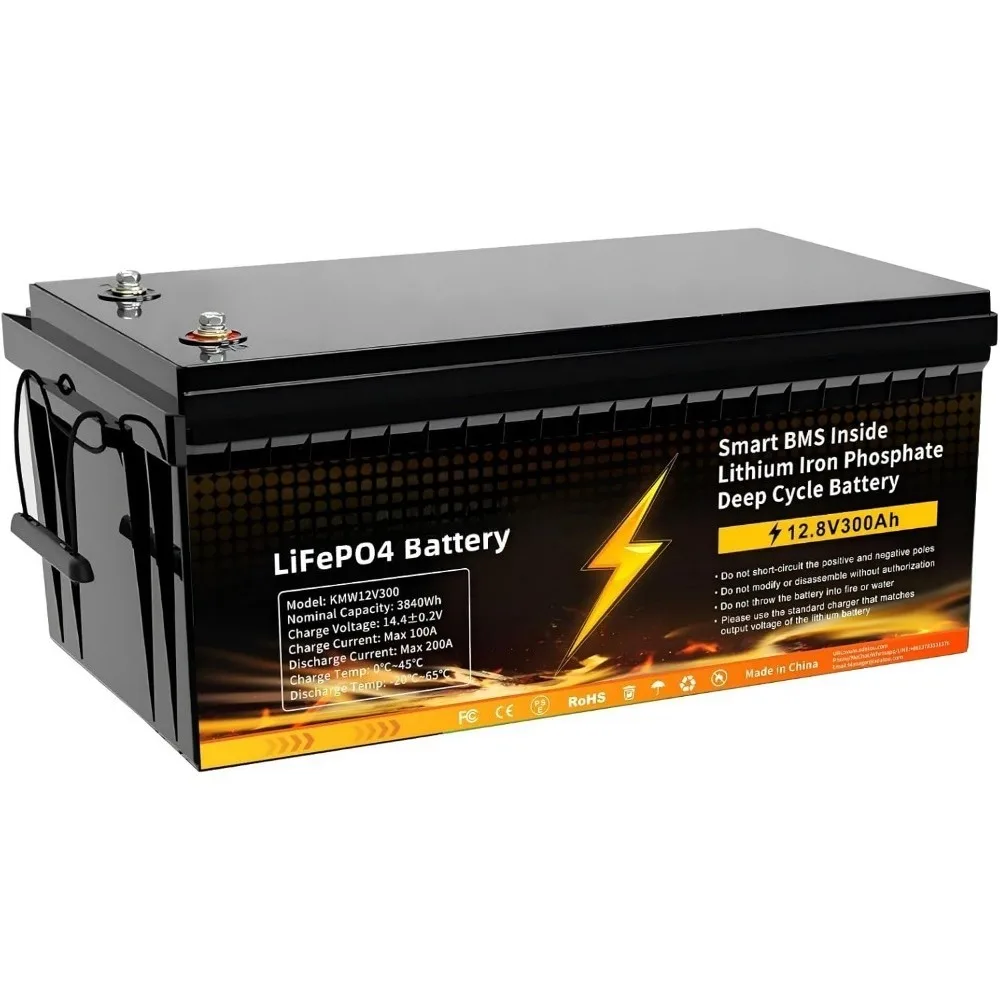 

12V 300Ah LiFePO4 Battery Integrated 200A BMS 8000+ Cycling Deep Cycle Li-Ion Battery MAX 3840W Power Supports