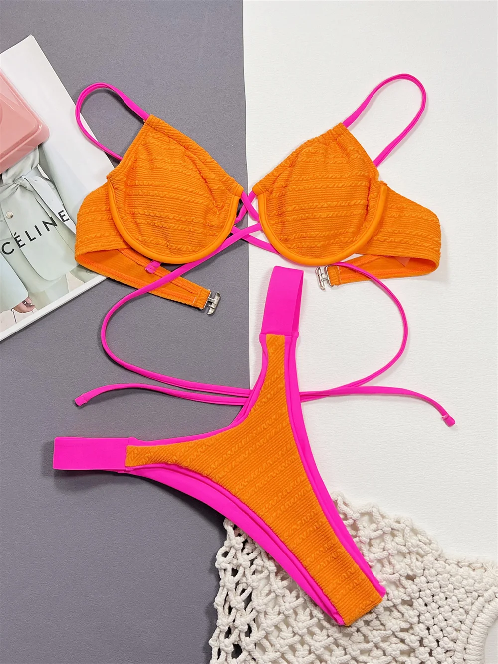 

Sexy Underwired Orange Bikini String Extreme Swimsuit Push Up Vacation Swimwear Women Beach Bathing Swimming Outfit Bikinis Sets