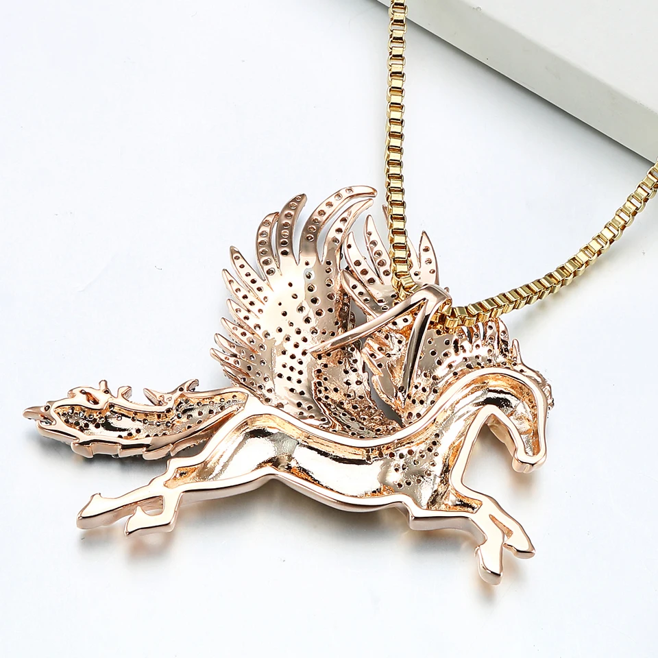 Iced Out Wing Horse Necklace for Men Prong Setting Pendant Colorful Zircon Hip Hop Constellation Women Trend Jewelry Couple Gift