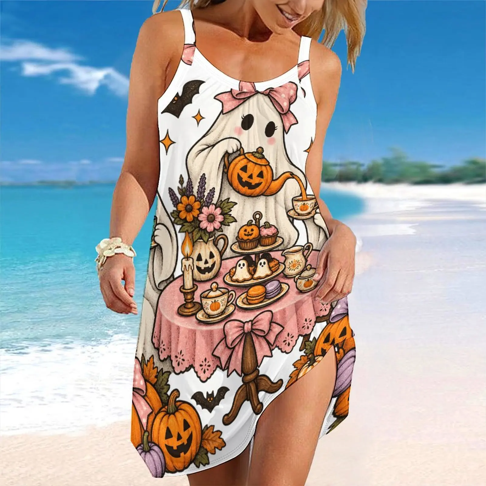 Women Spaghetti Strap Beach Dress V Neck Pleated Loose Mini Dress Custom Print Ladies Vacation Cover Up Dress