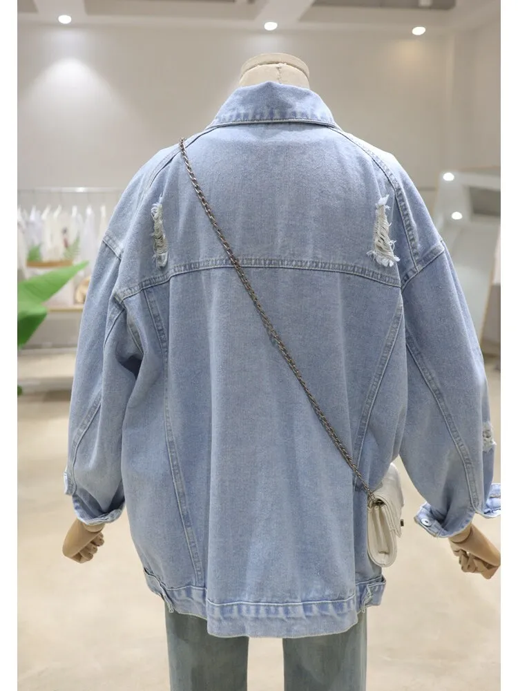 Sewing Beads Cartoon Embroidery Long Sleeve Coat Female 2024 Spring Autumn Loose All-Match Washed Broken Denim Jacket Women