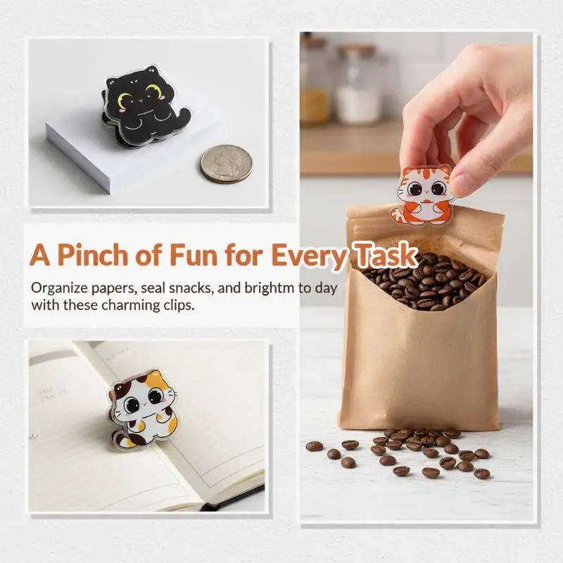 7Pcs Kawaii Cartoon Cat PP Clips Kitten Hand Account Clip Acrylic Stationery Note Clip Cute Creative BB Clips Student Gift