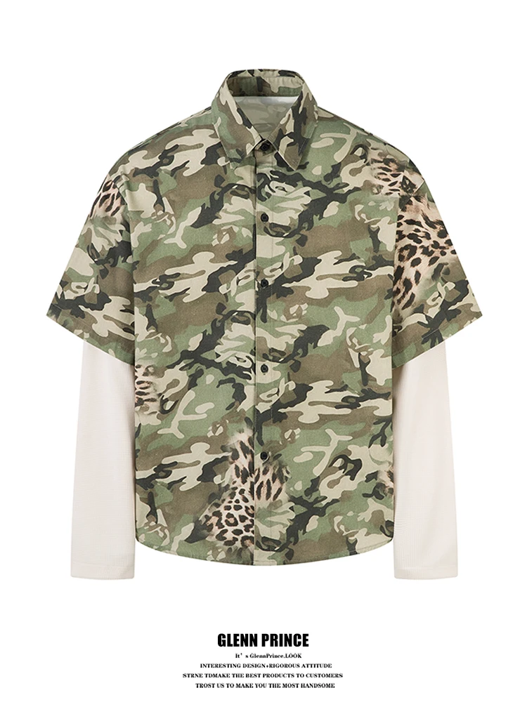 

American Retro Camouflage Leopard Print Long Sleeve Shirt Men's Trendy Handsome Workwear Shirt Fake Two-Piece Loose Fit Polye...