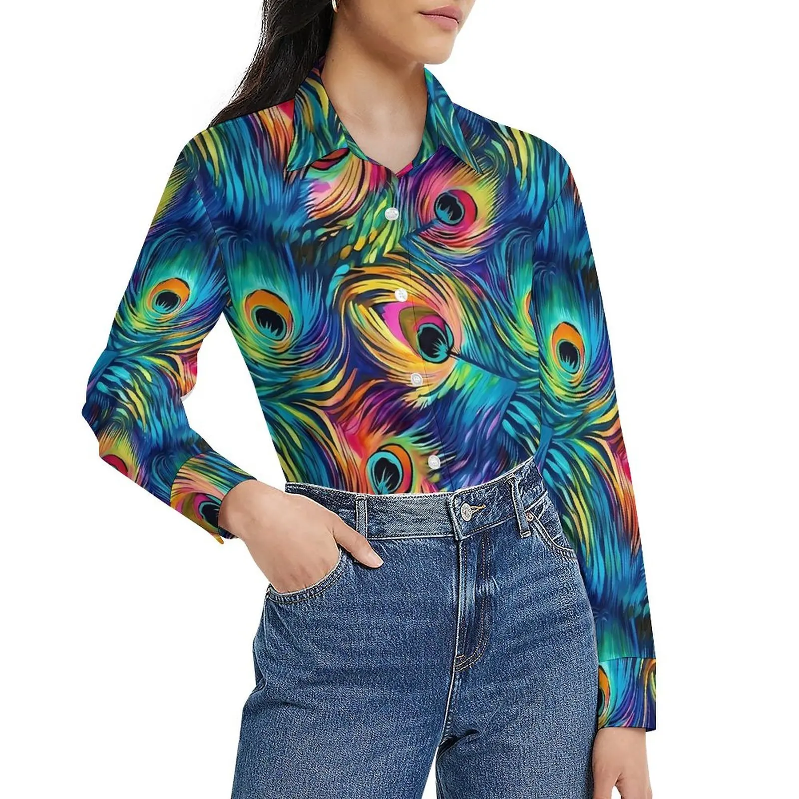 Rainbow Peacock Feather Loose Blouse  Casual Oversize Blouses Female Long-Sleeve Vintage Shirt Summer Custom Top