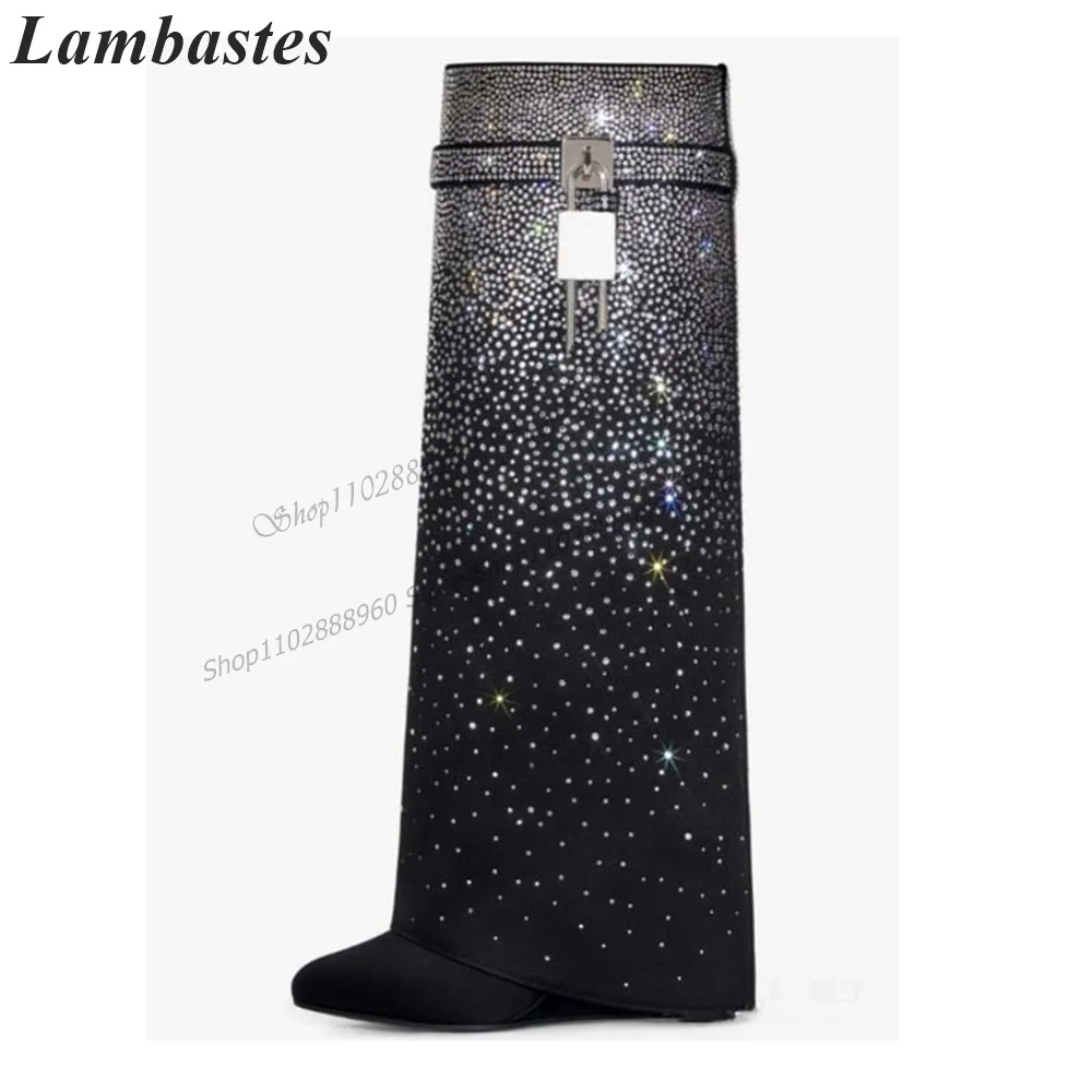 Western Gradient Color Crystal Lock Decor pantaloni Shark Boots zeppe tacco scarpe da donna Slip-On punta tonda 2023 Zapatillas Mujer