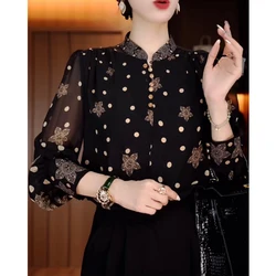 Women Korean Fashion Polka Dot Print Blouse Office Lady Vintage Elegant Commute Button Shirt Stand Collar Long Sleeve Loose Tops