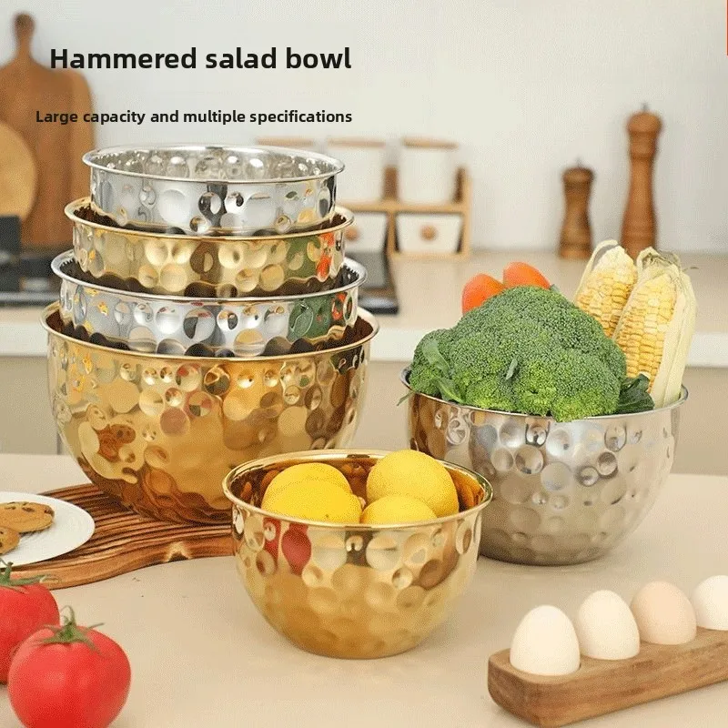 Stainless Steel Hammered Salad Bowl, Deepened Multi-use Bowl for Fruit, Cold Noodle, Egg Beating, Snack & Kitchen Prep