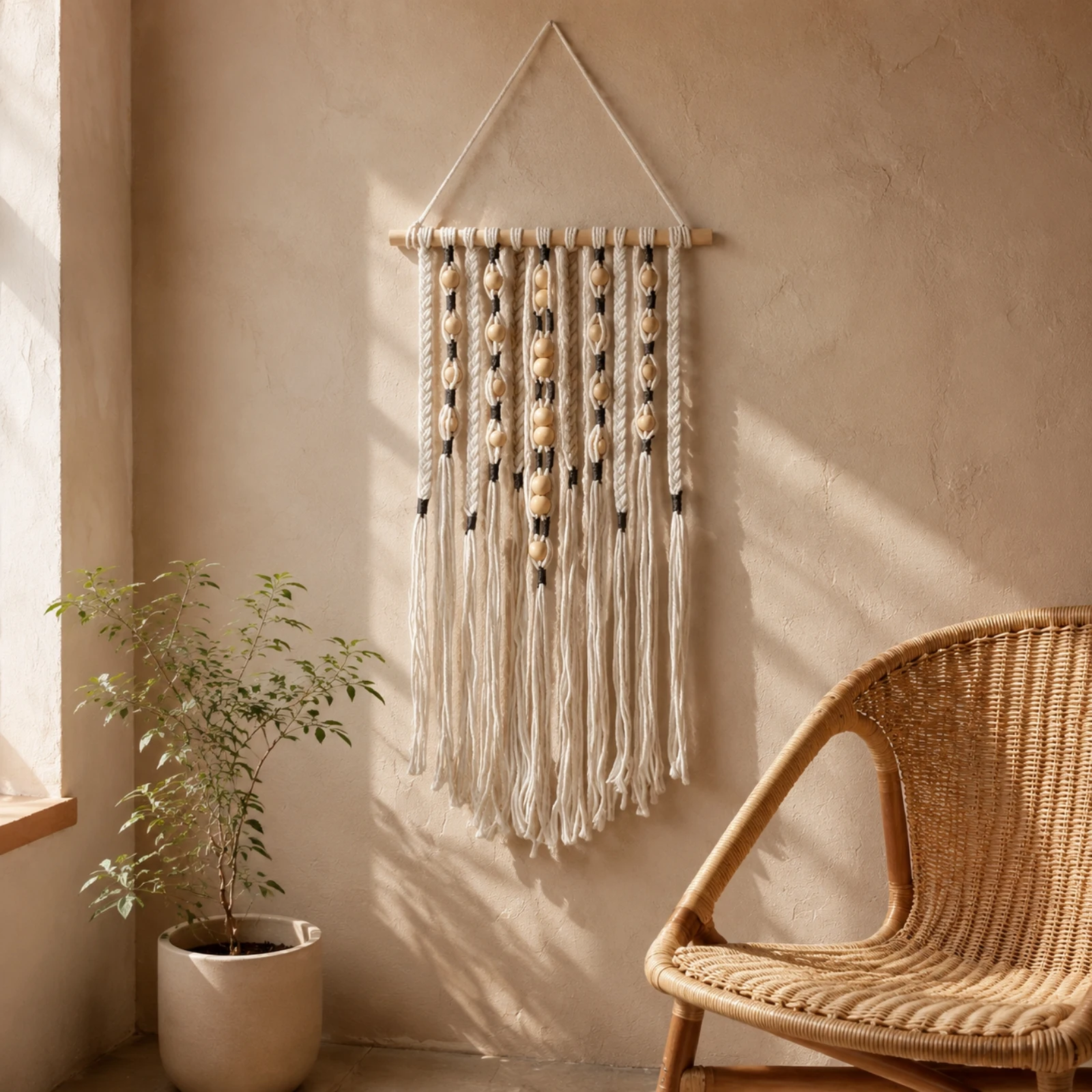 Cotton Wall Tapestry with Wood Beads Lightweight Hand-Woven Tapestry with Fringe Tassels Macramé Wall Hanging Sturdy Versatile