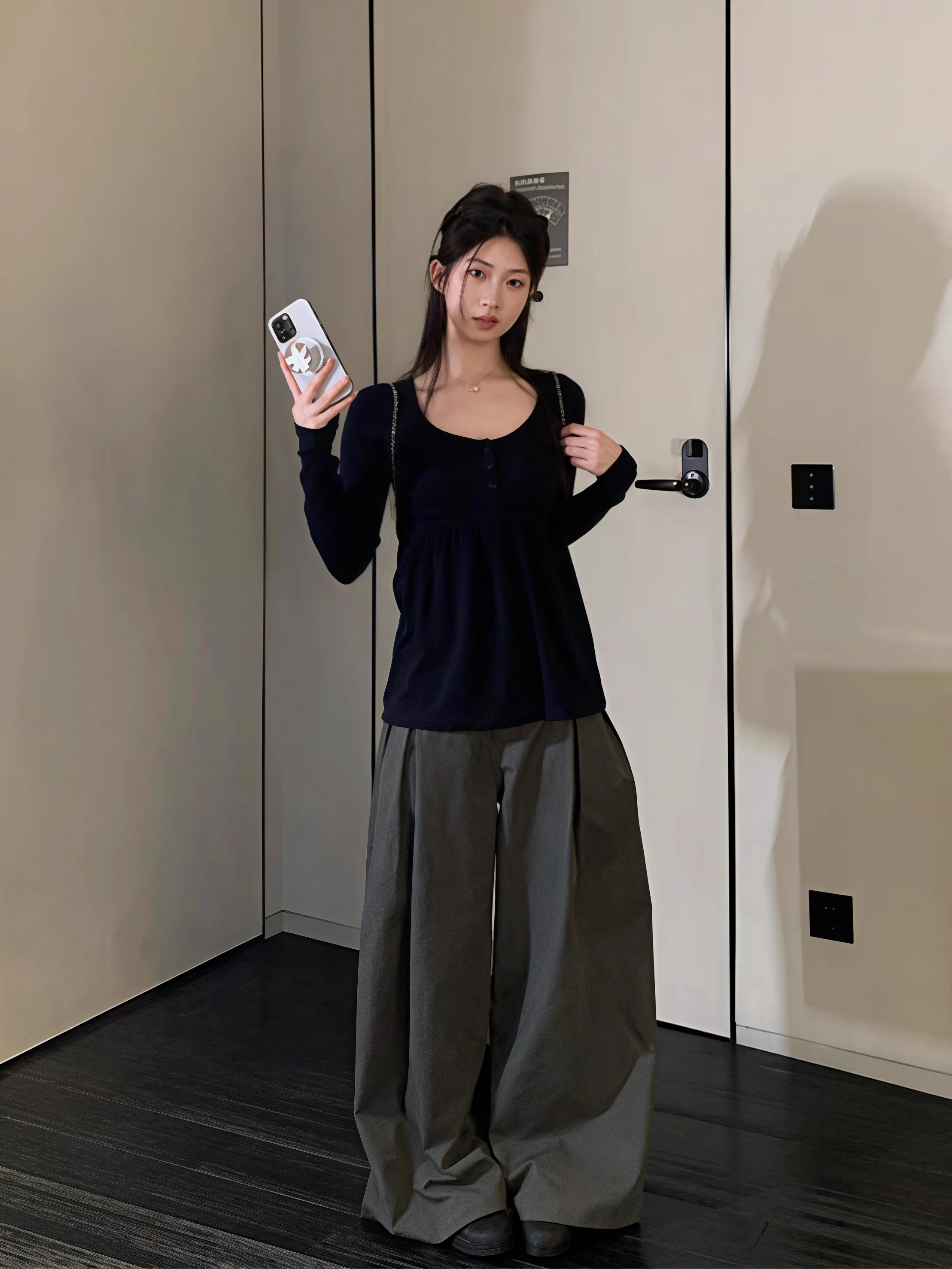 Women Henley U Neck Long Sleeve T-Shirt Front Button Gathered Flowy Hem Slim Stretchy Casual Loose Swing Tees Tops