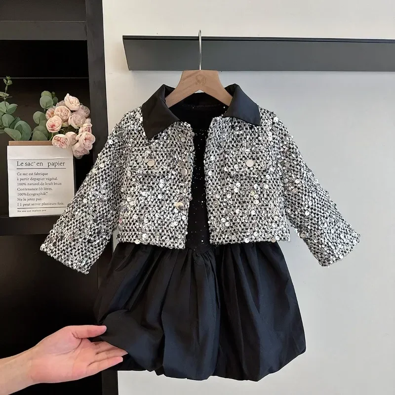 

2023 New Autumn Winter Girls Two Piece Sets Cotton Coat Dress Turn-down Collar Sequin Fashion Soft Outwear