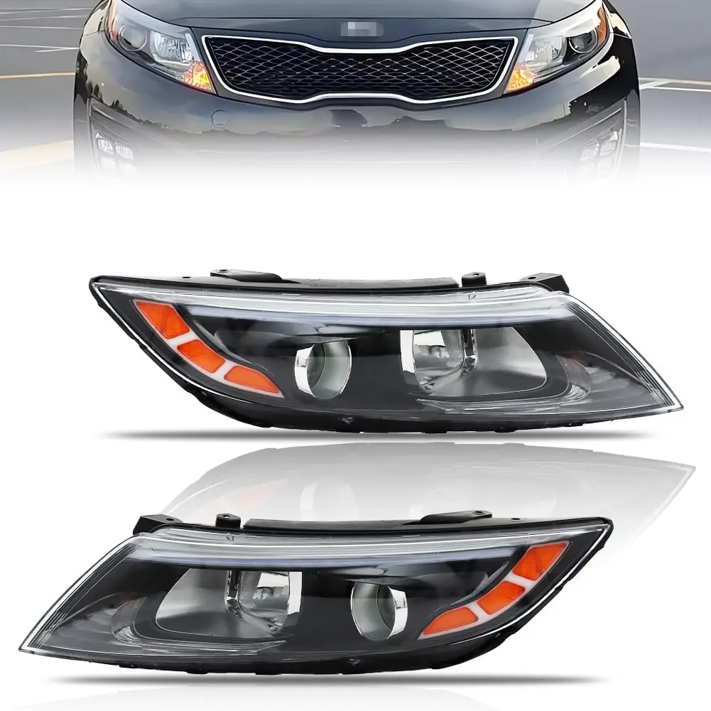 Halogen Headlight Assembly Compatible with 2014 2015 Optima, Driver and Passenger Side Headlamp, Includes Bulbs, Clear Lens, Bla