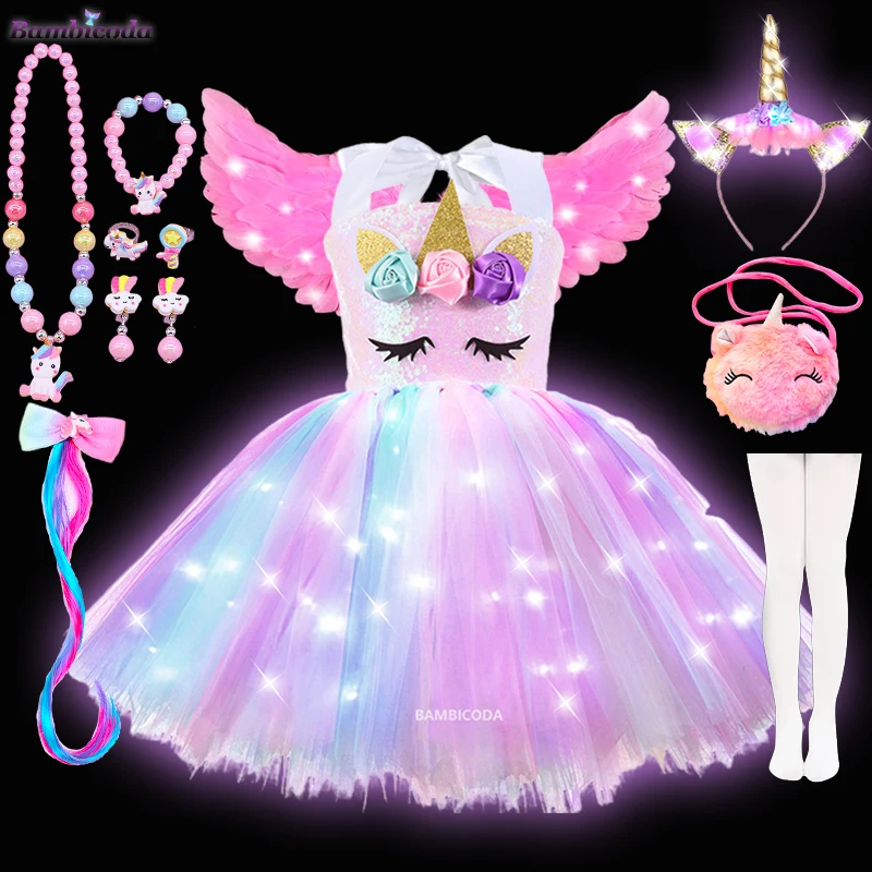 Girls Unicorn Dresses Christmas Kids LED Lights Sequin Pastel Rainbow Birthday Party Tutu Dresses Shiny Princess Cosplay Costume