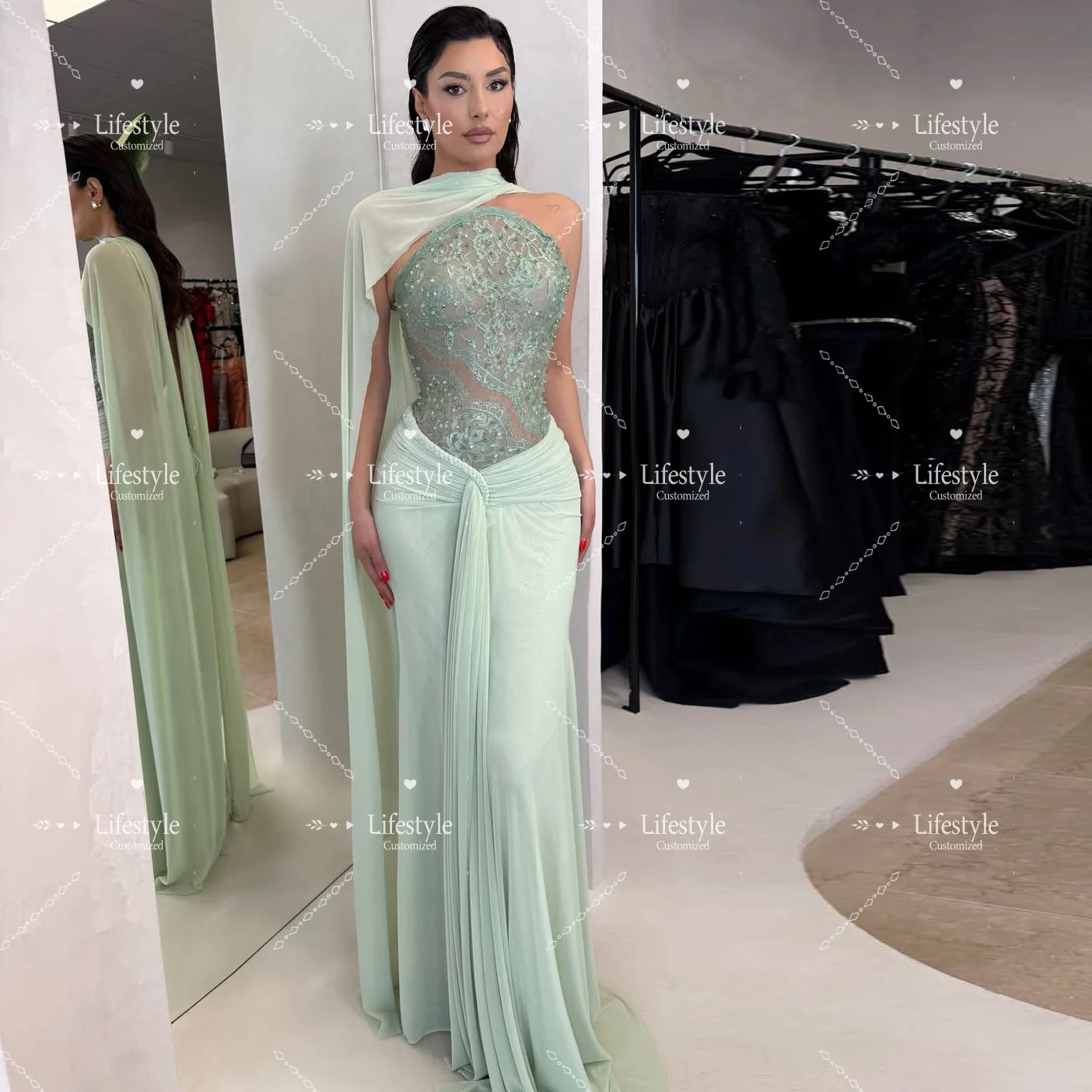 Customized Luxury Lace Sequined Formal Evening Dress Prom Gown with Cape Floor-Length Lace-up Elegant Party Dress