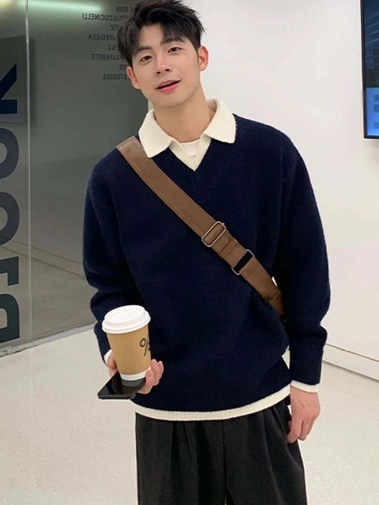 

Мужской вязаный свитер с воротником, верхняя одежда, однотонный, в стиле кэжуал, осенне-зимний, премиум-класса, для повседневной и деловой носки