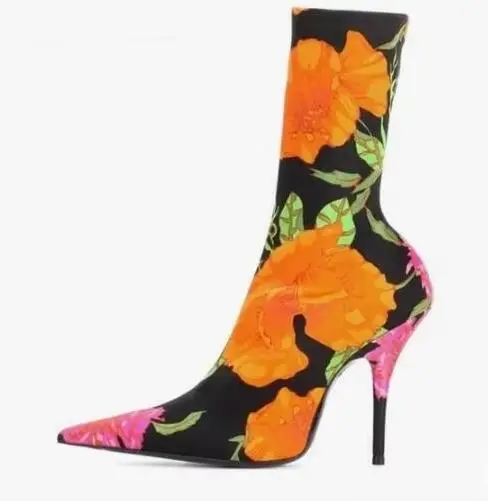 Fashion Woman Sock Boots Pointed Toe Stiletto Heels Pink Velvet Banquet Dress Shoes Slim Fit Lady Short Bootie Plus Size