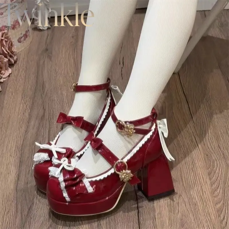 Women Balletcore Mary Jane Shoes Bowknot Platform High Heels Round Toe Chunky Heel Pink Ballet Princess Dress Pumps