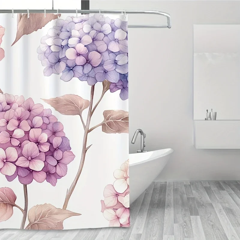 ~O~1pc Pastel Hydrangea Shower Curtain - Seamless Design, 71x71 Inch, Polyester, 12 Hooks, Hand Wash, Summer Bathroom Decor