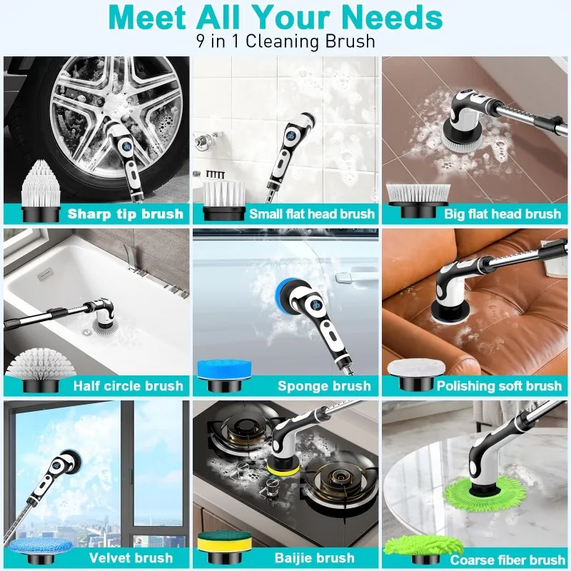 【OFF SHELF】Electric Rotating Cleaning Brush, Multifunctional Electric Mop With, Dry & Wet Mopping - Voice Control, 9 Brush Heads