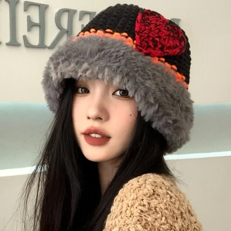 Thicken Warm Plush Love Knitted Hat for Women Heart Embroidery Fisherman Cap Autumn and Winter Unisex Retro Harajuku Bucket Hats