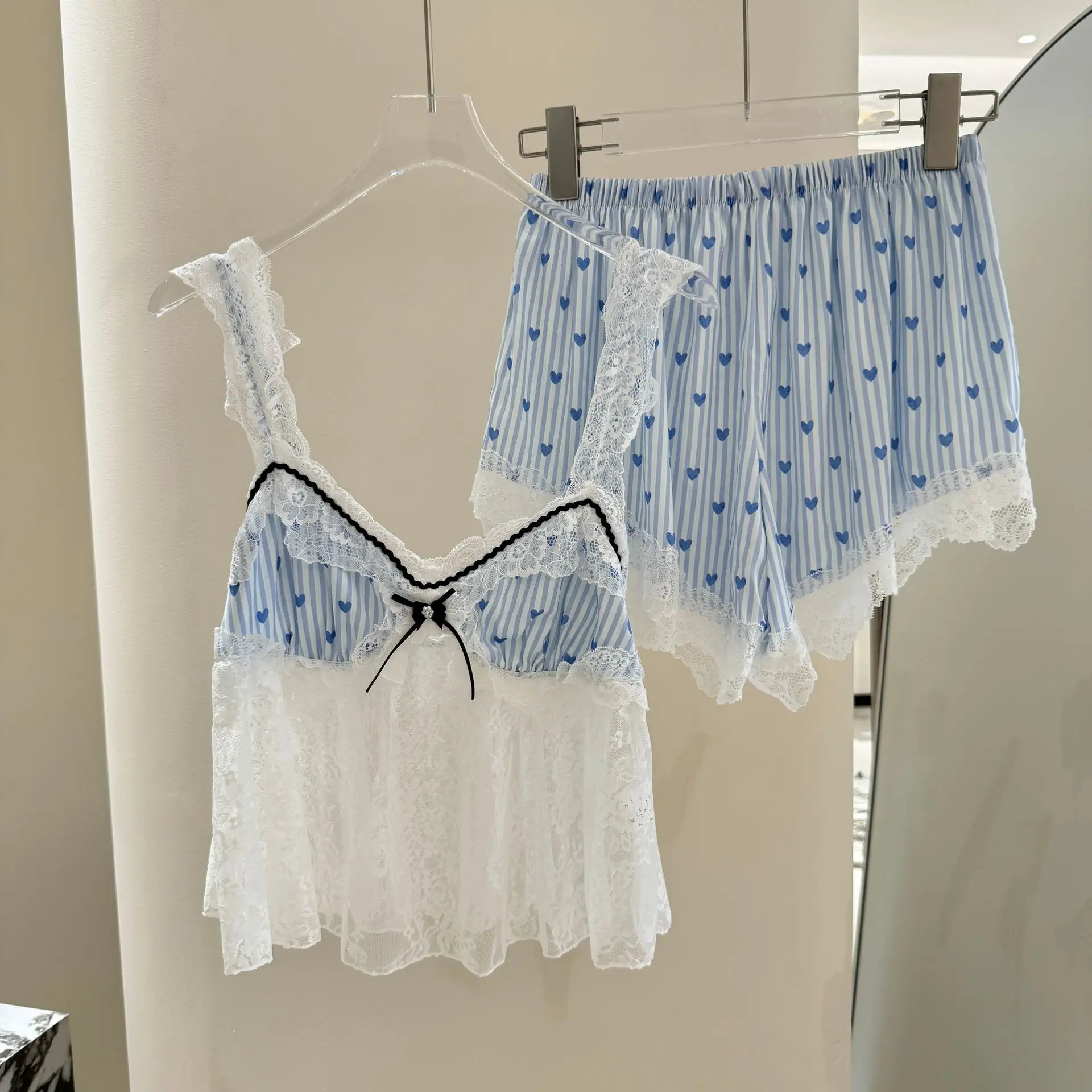 

Sexy Female Pajamas 4 Piece Set Patchwork Lace Trim Short Sleeve Home Clothes Casual Ice Silk Sleepwear Lounge Wear