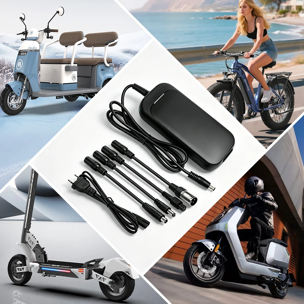 XIETONGPO 42V 2A 54.6V 2A 3A 4A Lithium Battery Charger 36V 10S 48V 13S for Ebike Scooter Smart CC CV US Plug 5 DC Adapters Kit