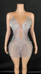 Women Sparkly Rhinestone Crystals Mesh Short Dress Sexy See through Stage Performance Outfits Party Nightclub Stage Costume