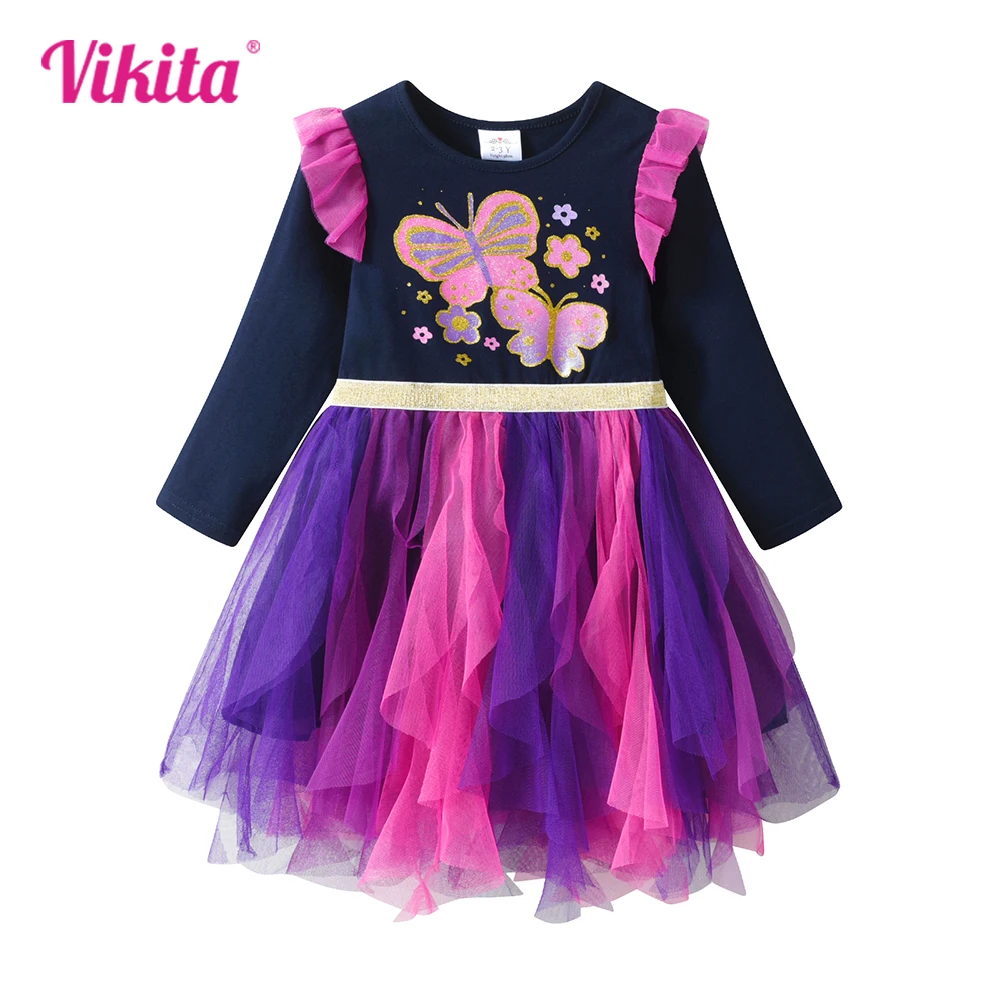 VIKITA Girls Long Sleeve Tutu Layered Dress Kids Butterfly Flower Print Irregular Dresses Girl Birthday Party Princess Clothes