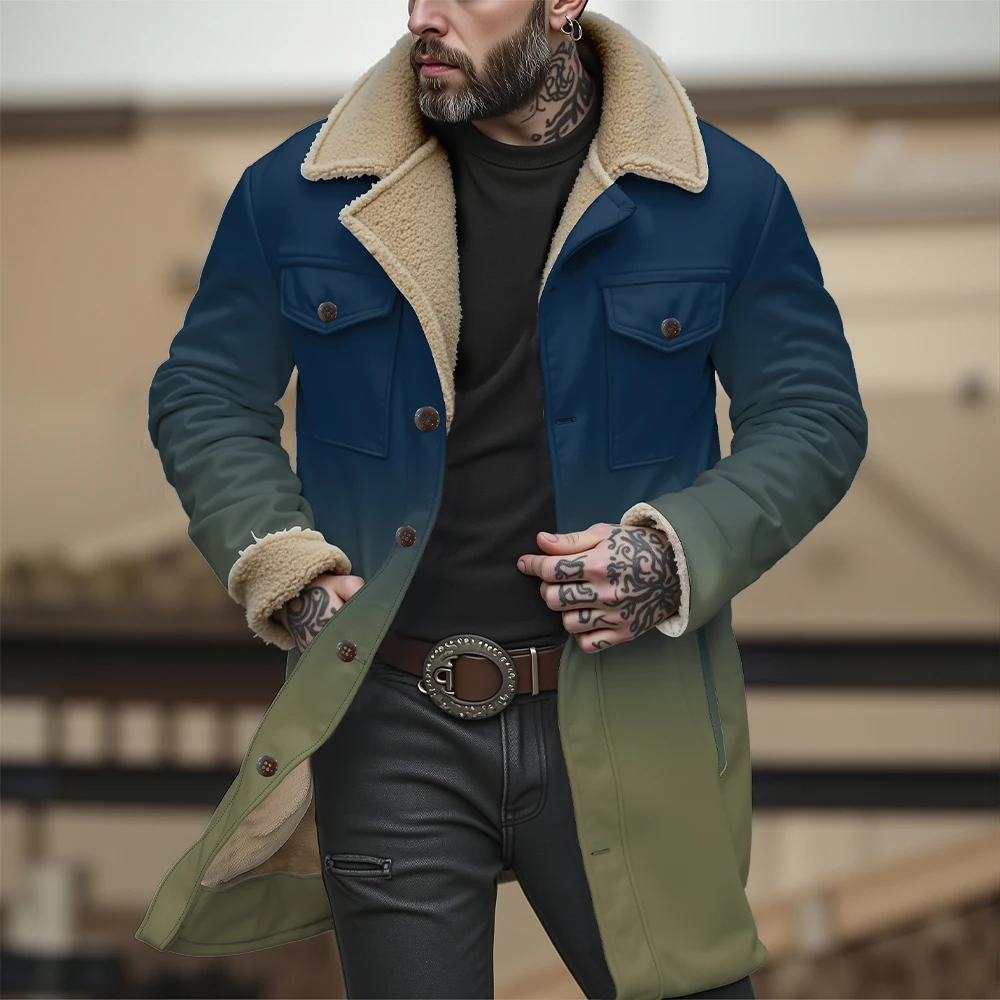 Men's Abstract Splash Gradient Color Jacket Colorful Watercolor Coat with Plush Faux Fur Collar Casual  Autumn Winter Outerwear