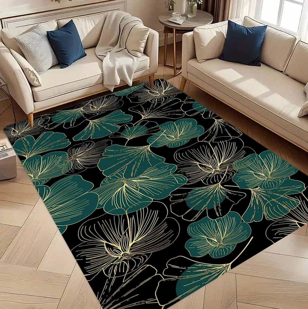 Tropical Banana Leaf Gold Line Area Rug Lush Texture Floor Carpet for Living Room Leisure Space Exotic Luxury Home Decor