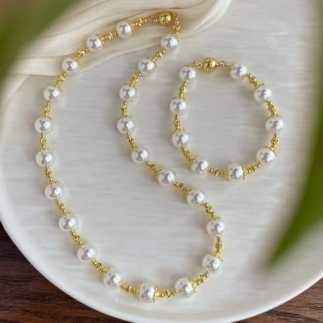 High-Luster Clear Quartz & Faux Pearl 2-Piece Set, Vintage Style Round Crystal Beaded Choker & Bracelet for Everyday Elegance