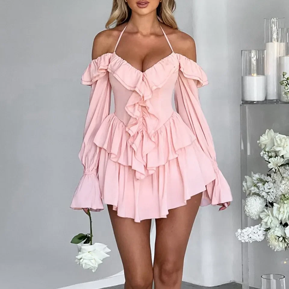 

Sexy Off Shoulder Ruffled Dress Peplum Casual Short Dress Puff Sleeve Low Cut Halter Jumpsuit Solid Color Elegant Women Dresses