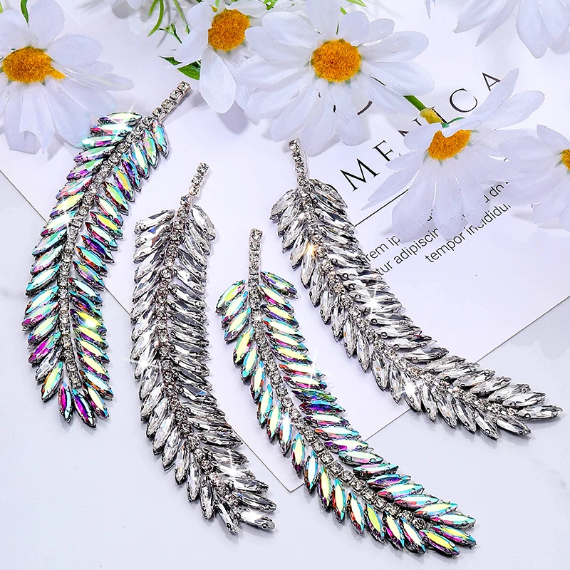 

DUCrystal 1pcs 13cm Leaf Motif Rhinestone Ribbon Claw Glass Rhinestone Patch Hot fix/glue-on for DIY Craft Clothing Decoration