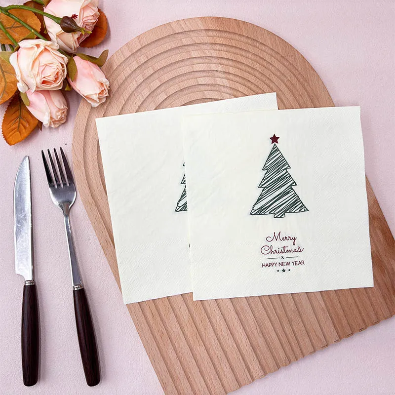 10/20pcs 33cm 2Layer New Christmas Element Napkins Simple Pencil Drawing Christmas Tree White Tissue DIY Decoupage Paper