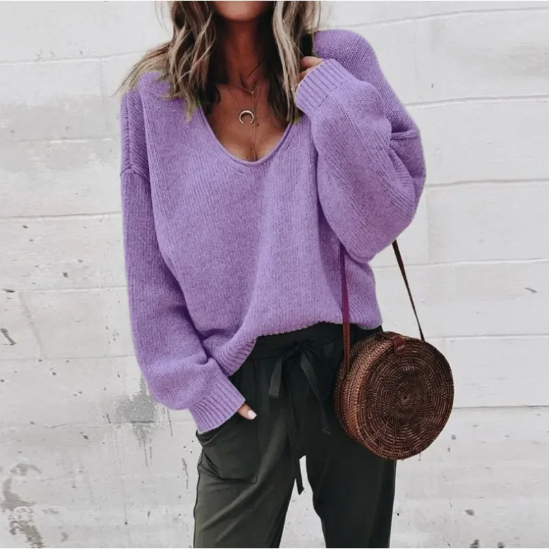 New Women\'s V-neck Long Sleeve Loose Sweater Autumn Winter Sweater Top Women\'s Fashion Solid Color Knitted Pullover Sweater