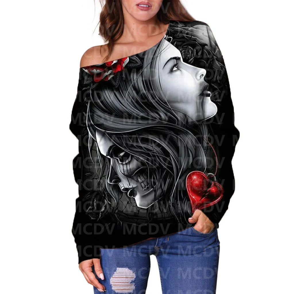 Women's Off Shoulder Sweater Halloween  Skull 3D Printed Women Casual Long Sleeve Sweater Pullover