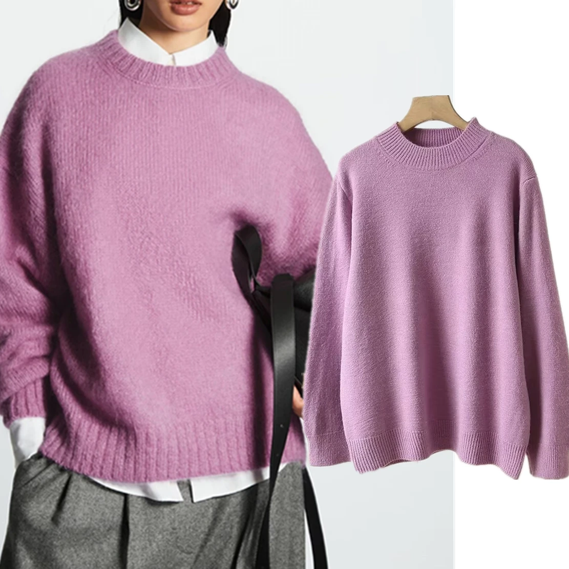 Maxdutti Vintage Loose Wool Knitwear Sweaters Violets Color Winter Pullovers Fashion Sweaters Women