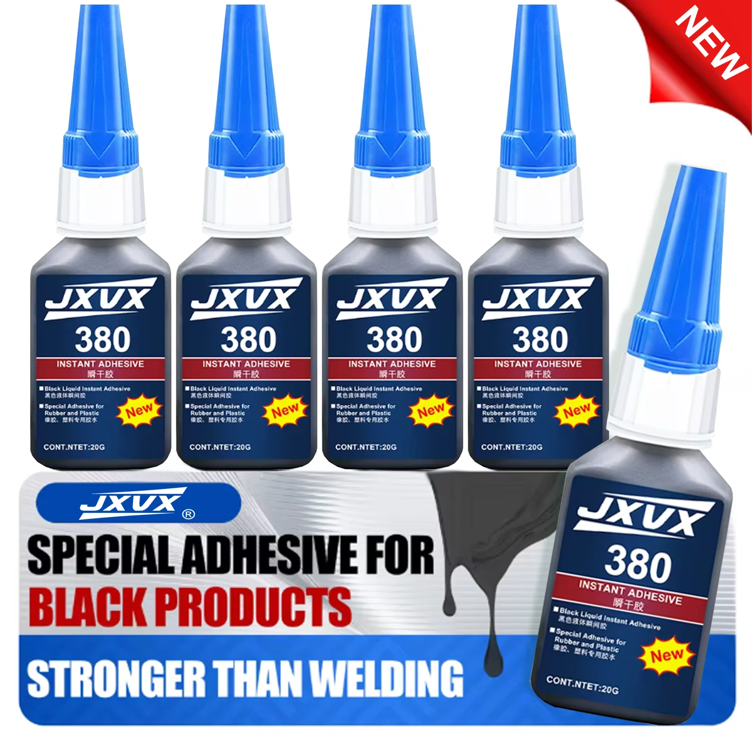 JXVX 380 Black Super Glue High Viscosity for Plastic Wood Metal Tyres Rubber Shoes DIY Strong Adhesive Repair Tool Rubber Glue.