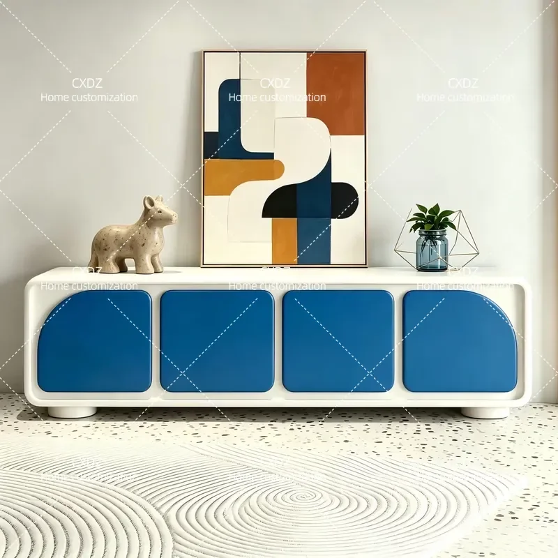 Cream White TV Cabinet Modern Simple Living Room Audio Visual Console Table Household Floor Storage Unit Low Media Stand