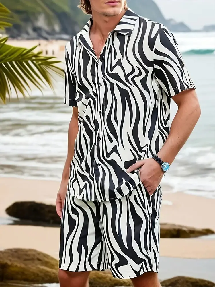 Zebra Print Men's Short-sleeved Shirt And Beach Shorts Set Summer Everyday Men's Casual Shirt Hawaiian Outdoor Men's Shorts