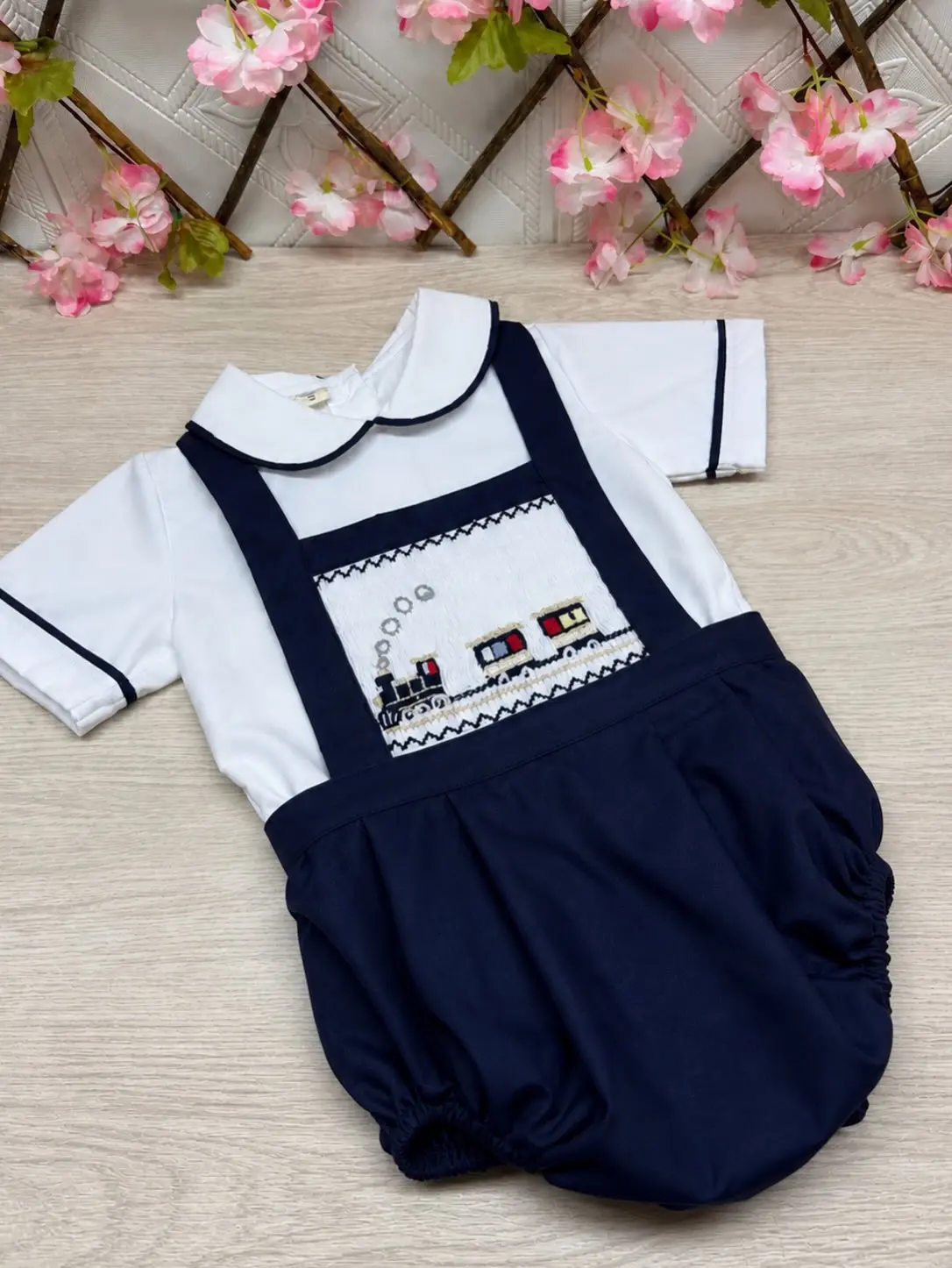 Summer Baby Boy Suit Train Embroidery Navy Blue White Smocked Outfit Set For Casual Party Birthday Wedding Photography A483
