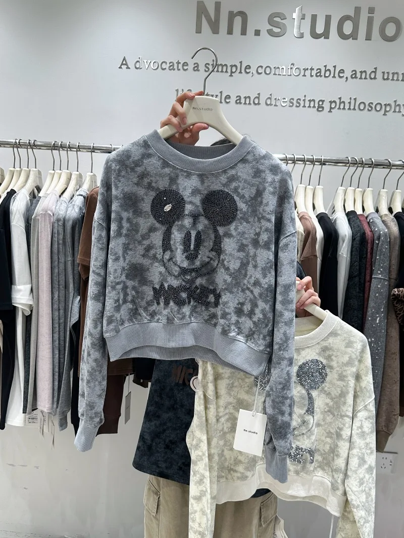 Heavy Industry Tie-Dye Embroidery Cartoon O-Neck Short Sweatshirt Women's Autumn Loose Age-Reducing High-Waist Design Hoodies