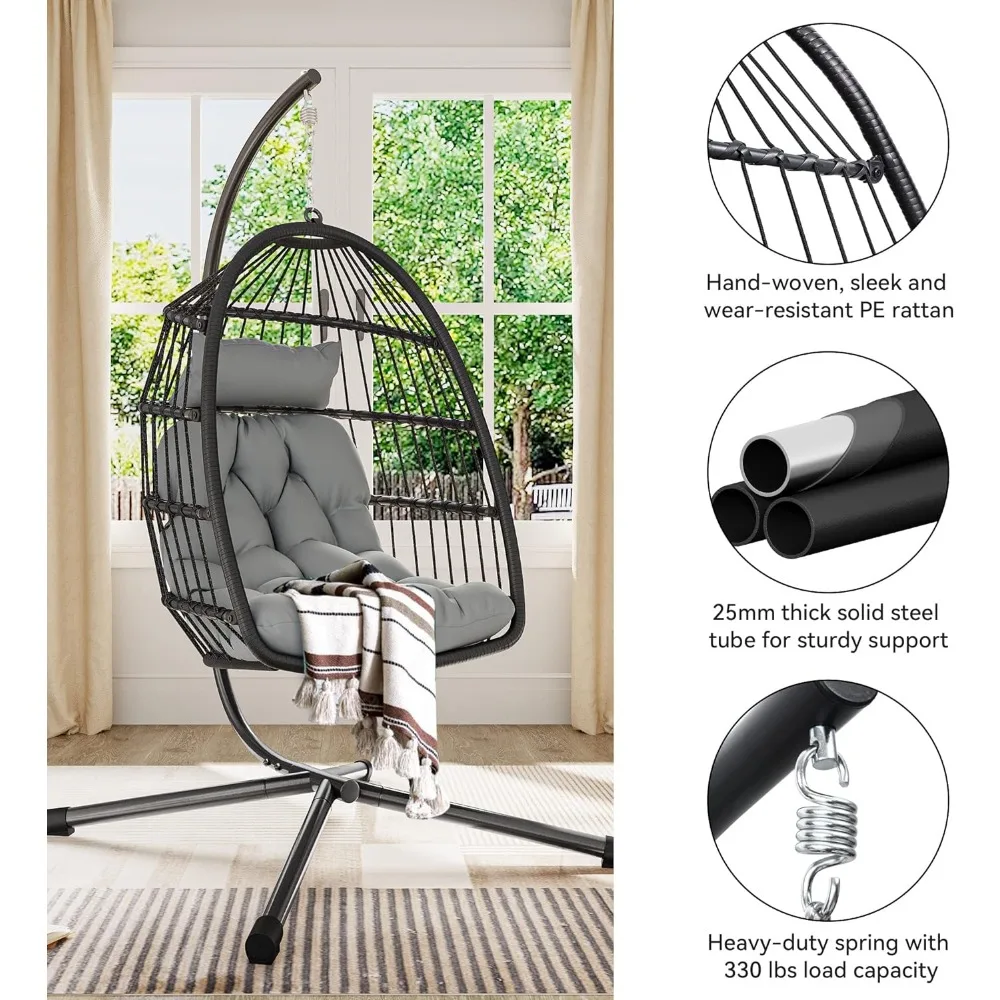 Hanging Egg Swing Chair with Stand, Wicker Indoor Outdoor Hammock Egg Chairs with Cushions 330lbs, Patio Egg Chair