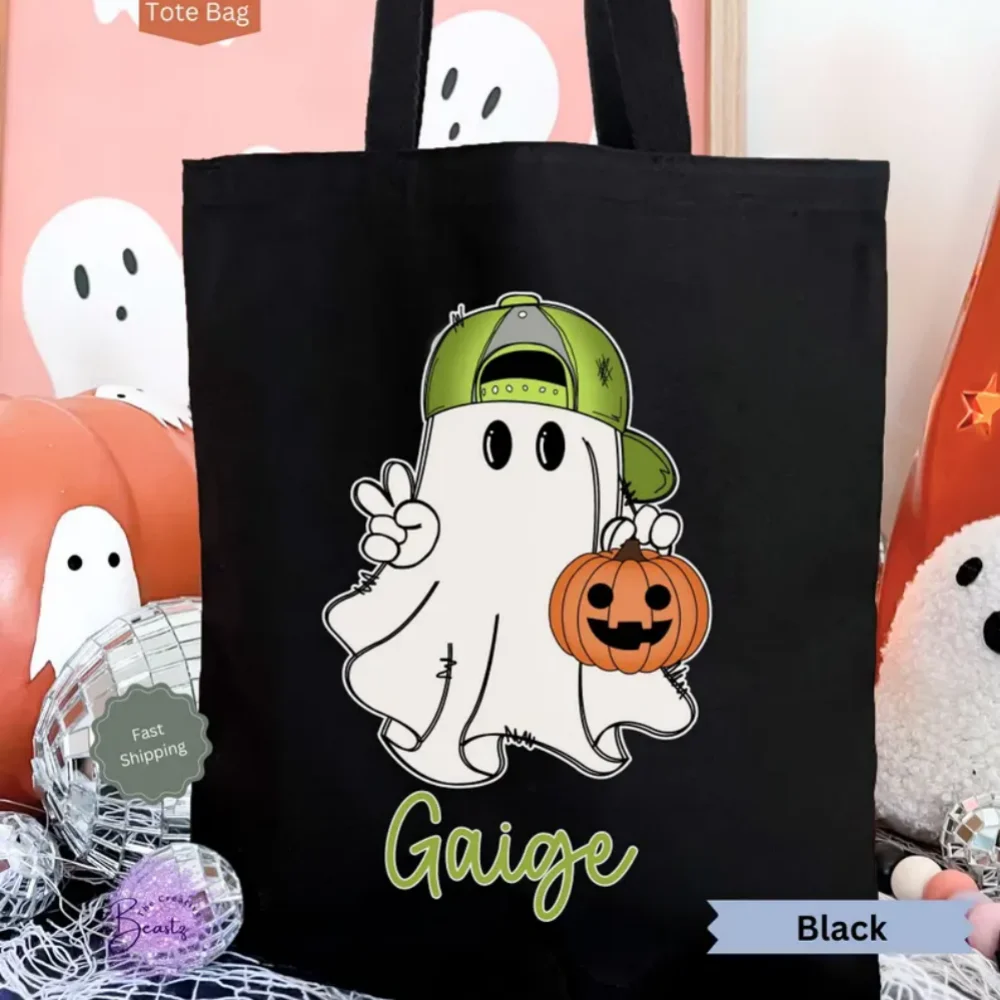 اسم مخصص للهالوين خدعة أو علاج حقيبة ، كيس حلوى الهالوين للأطفال ، حقيبة الهالوين مع اسم ، حقيبة قماش الهالوين لصبي/فتاة