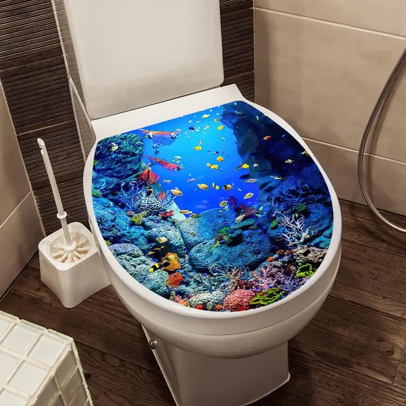 Toilet Sticker Decal Self-Adhesive Sea Theme Wall Stickers & Murals Bathroom Decals For Smooth Surfaces Easy Maintenance