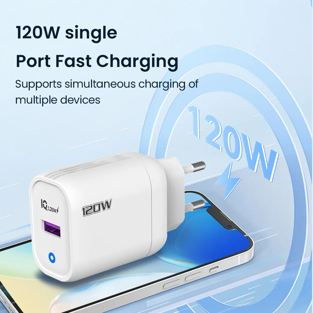 120W USB Fast Charger Quick Charge 5.0 EU/US Plug Phone Charge Adapter With LED For iPhone15 Huawei Samsung Xiaomi