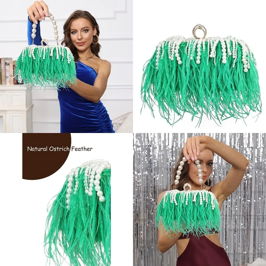 

Women Real Natural Ostrich Feather Evening Bags Purses Clutch Vintage Banquet Handbag