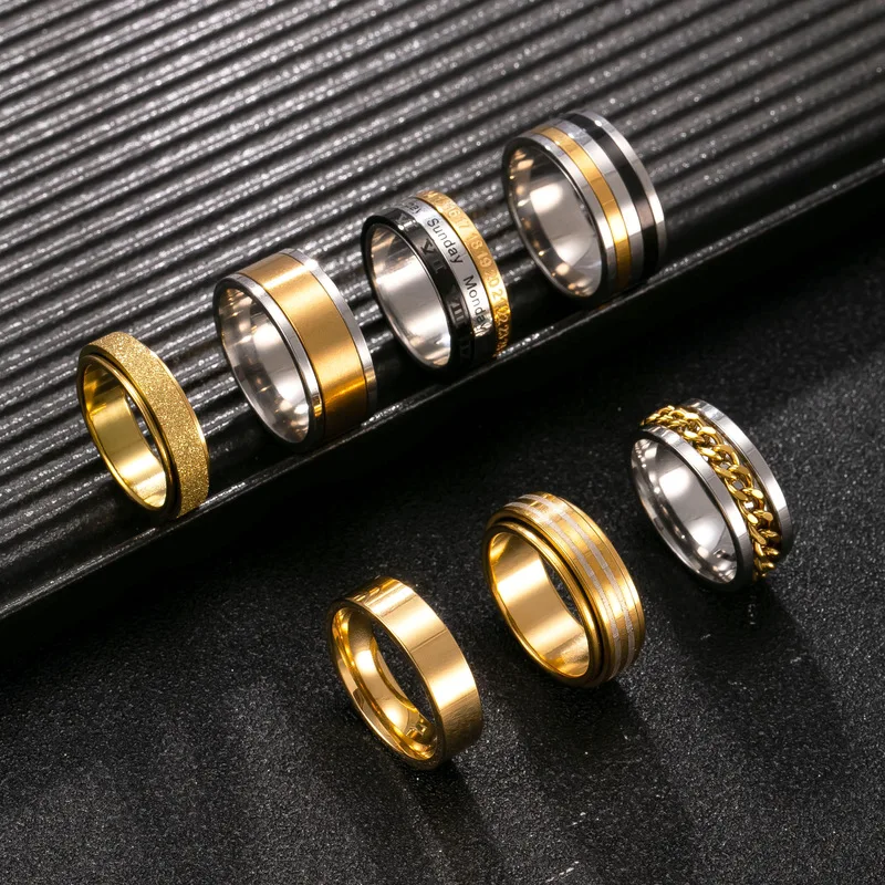 Two‑Tone Black Gold Stainless Steel Spinner Ring Calendar Date Engraved Rotatable Wide Band Hip‑Hop Personality Stress Men