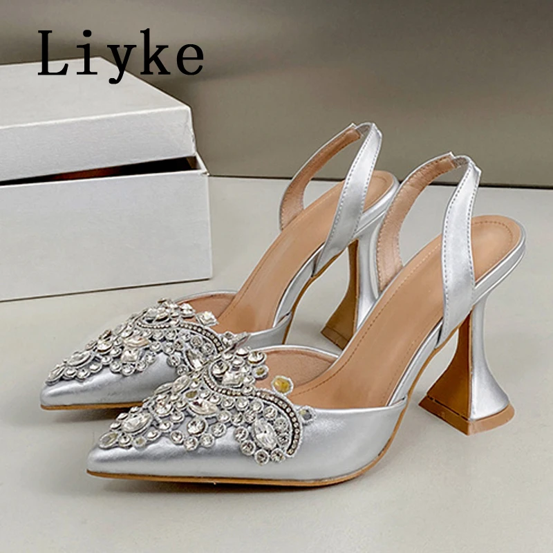 Liyke 2025 baru sepatu hak tinggi aneh hak tinggi kristal berlian imitasi ujung lancip sandal selempang wanita sepatu pesta pernikahan
