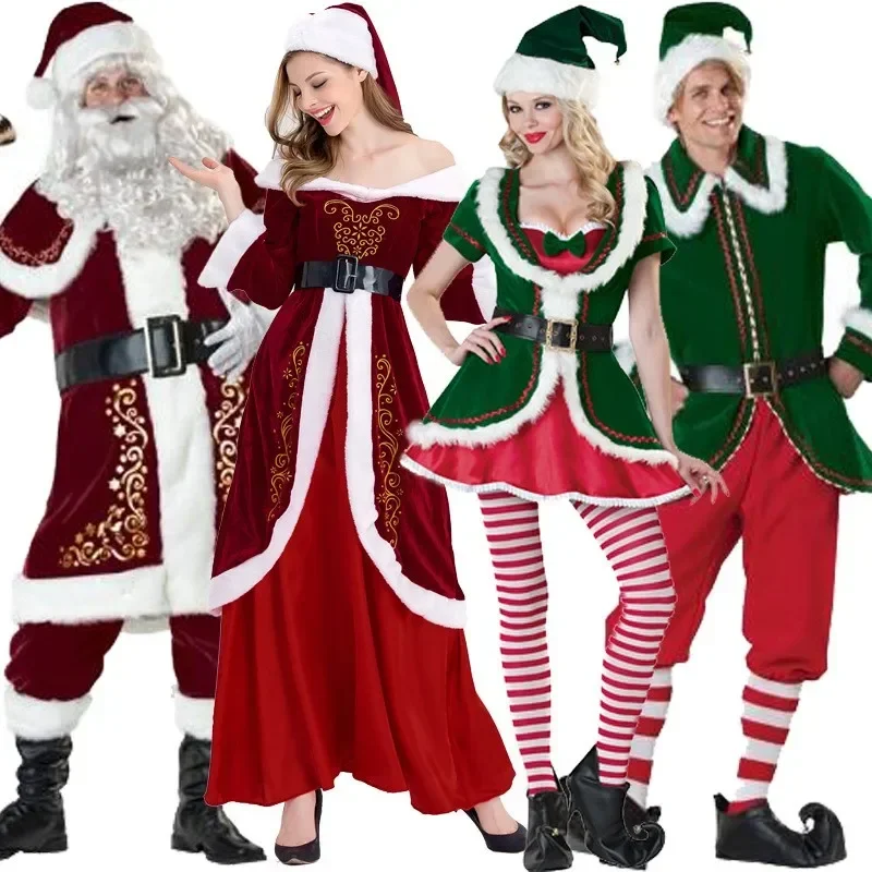 Christmas Santa Cosplay Costume Noble Dress Suit With Hat Party Carnival Clothes Adult Men Women Happy New Year